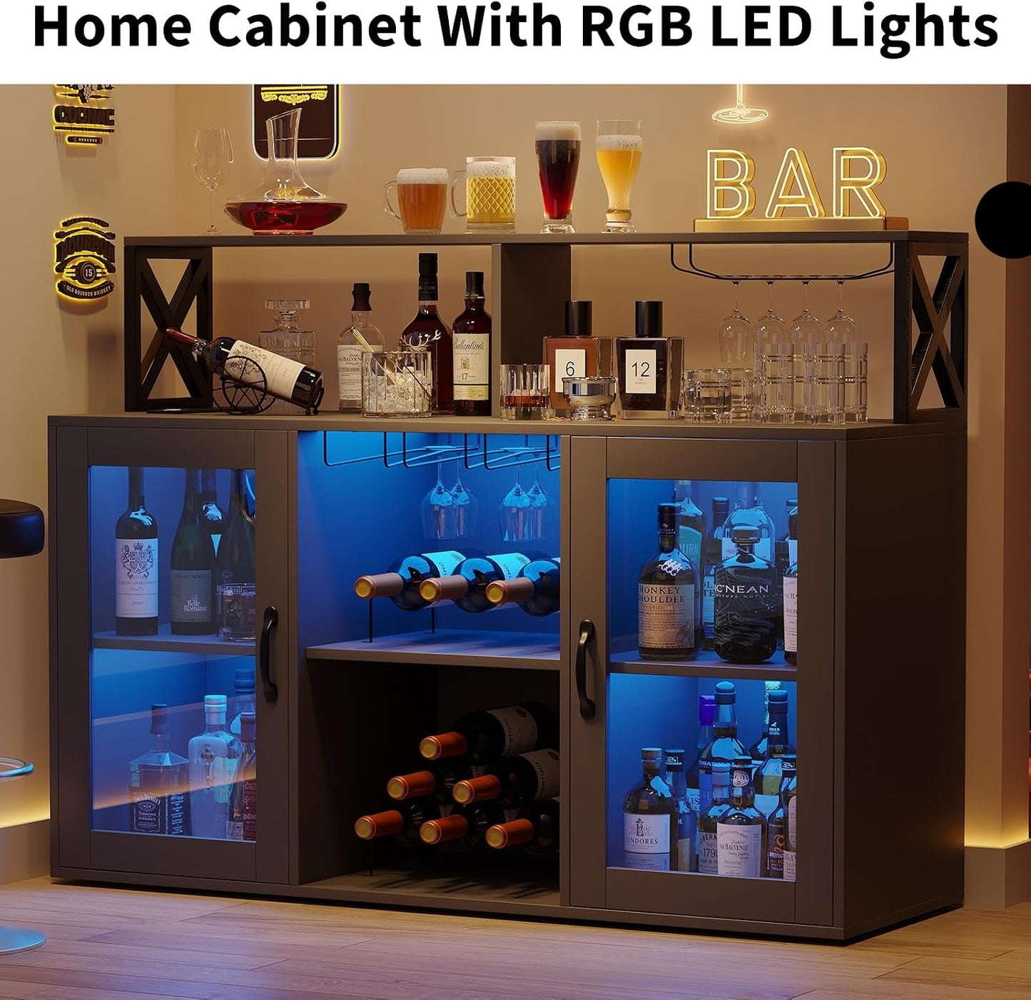 Wine Bar Cabinet Freestanding Liquor Cabinet with LED Lights, Coffee Bar Buffet Sideboard Storage with Wine Rack Glass Holder for Living Room, Dining Room