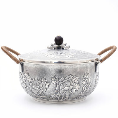 925 Sterling Silver Elegant Handcrafted Serving Pot with Floral Motifs and Wooden Handles-Premium Hot Pot - Handicraft