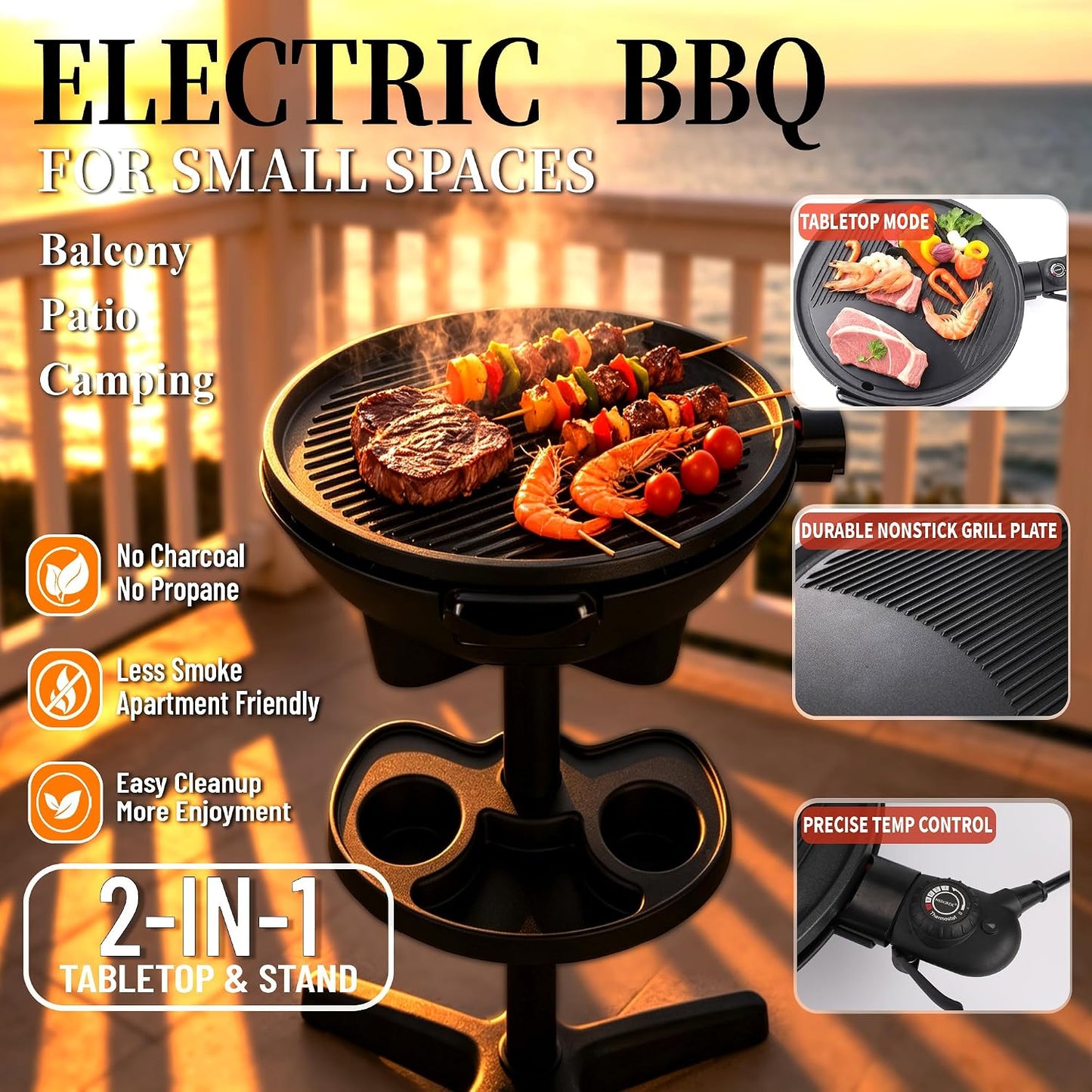 2-In-1 Outdoor Electric Grill & Portable BBQ with Removable Stand - Features Non-Stick Baking Pan & Intelligent Temperature Control for Balcony, Backyard, Camping, and Party Use, Gray