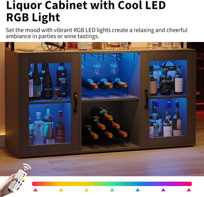 Wine Bar Cabinet Freestanding Liquor Cabinet with LED Lights, Coffee Bar Buffet Sideboard Storage with Wine Rack Glass Holder for Living Room, Dining Room