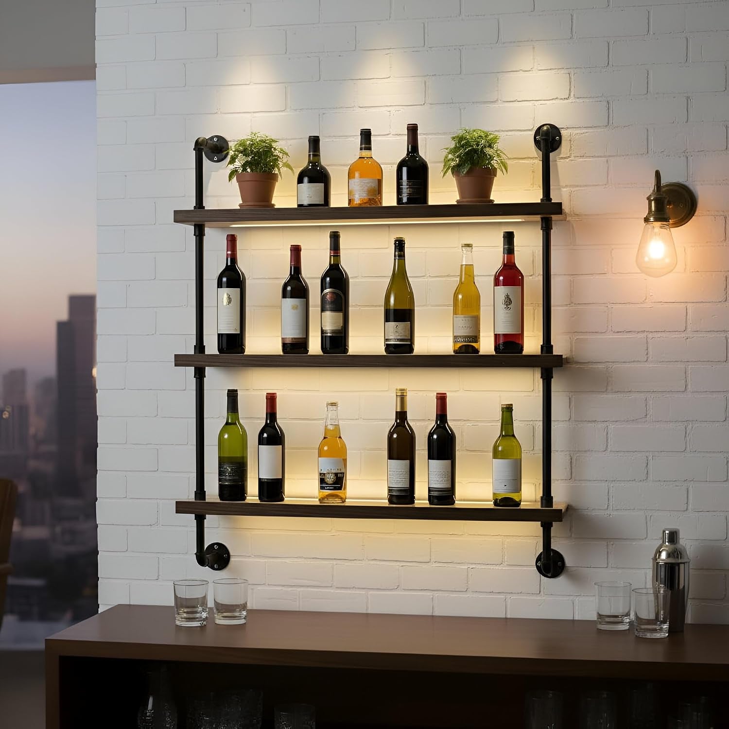 39.5-Inch Modern Wall-Mounted Wine Rack with LED Lights, 3-Tier Liquor Bottle Bar Display Shelf, Industrial Wine Rack Floating Bar Shelf, Multifunctional Wine Storage Rack for Home Bar, Kitchen, Cafe