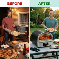 12 In. Propane Pizza Oven, Outdoor Pizza Oven in Black with Rotating Pizza Stone, Glove and Pizza Cutter — Before & After