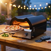 12 In. Propane Pizza Oven, Outdoor Pizza Oven in Black with Rotating Pizza Stone, Glove and Pizza Cutter — Studio Shot