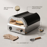 12 In. Propane Pizza Oven, Outdoor Pizza Oven in Black with Rotating Pizza Stone, Glove and Pizza Cutter — infographic