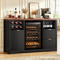 Coffee Bar Cabinet with Fridge Space, 53" L Wine Cabinets with Storage Drawer, Wood Buffet Sideboard Table, Fluted Liquor Cabinet with Wine Rack for Home, Living Room,20"D X 53.1"W X 39.4"H-Black