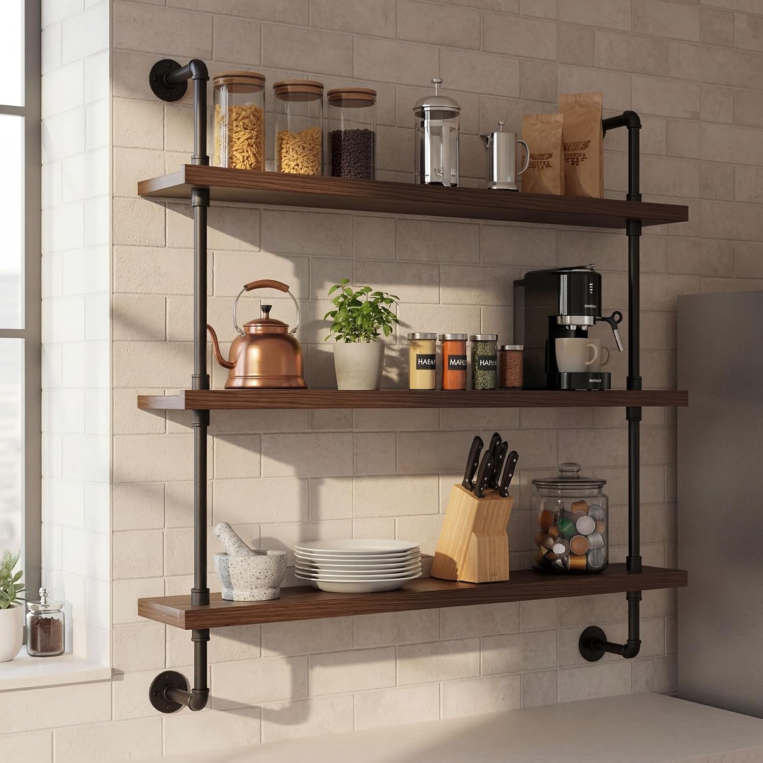 39.5-Inch Modern Wall-Mounted Wine Rack with LED Lights, 3-Tier Liquor Bottle Bar Display Shelf, Industrial Wine Rack Floating Bar Shelf, Multifunctional Wine Storage Rack for Home Bar, Kitchen, Cafe
