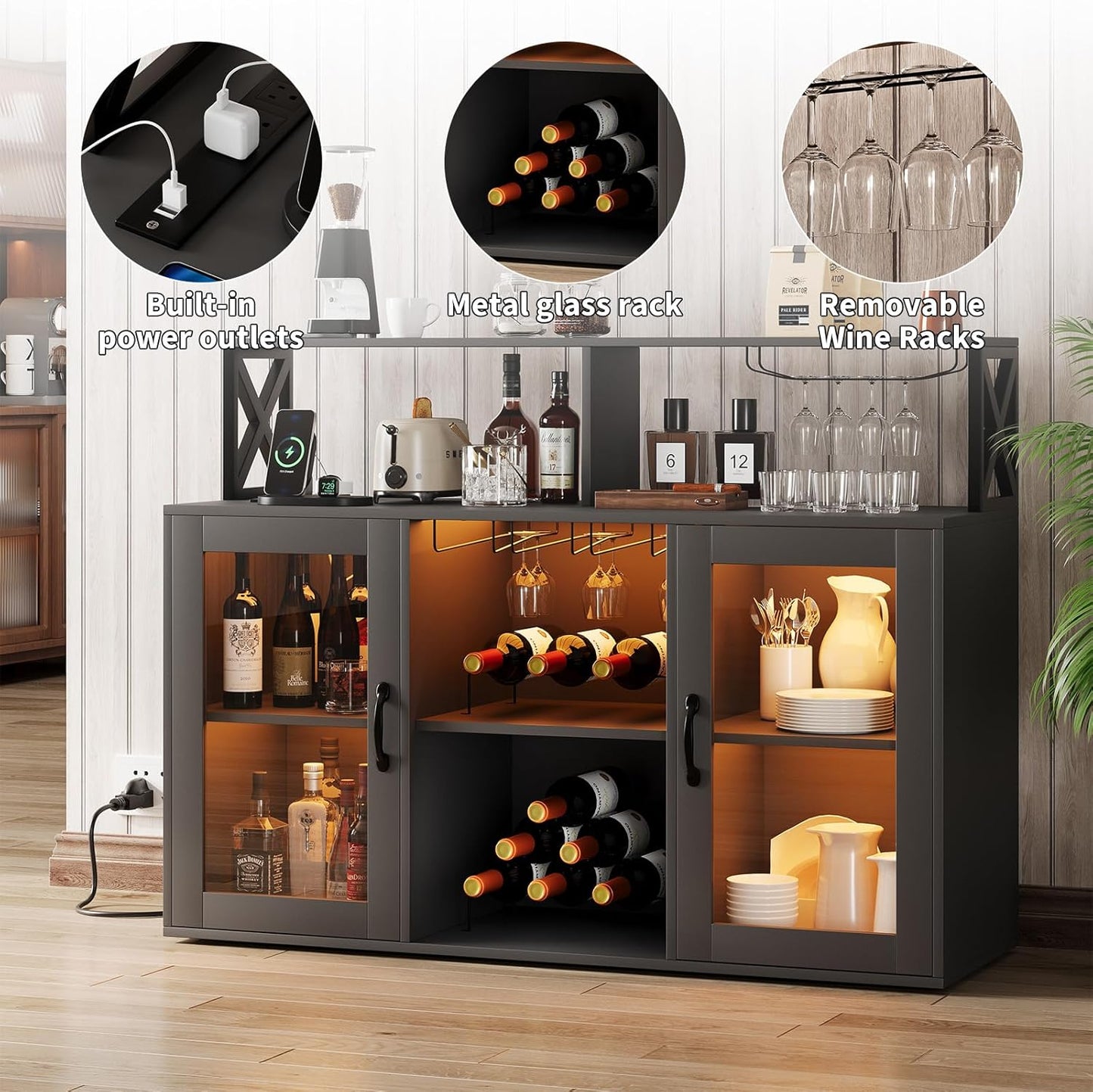 Wine Bar Cabinet Freestanding Liquor Cabinet with LED Lights, Coffee Bar Buffet Sideboard Storage with Wine Rack Glass Holder for Living Room, Dining Room