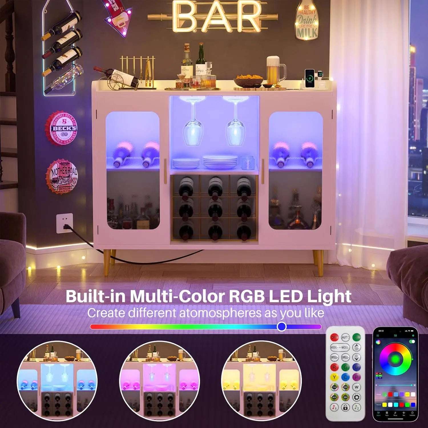 Wine Bar Cabinet with Power Outlet, Liquor Cabinet Bar with LED Light and Glass Holder, Home Coffee Bar Cabinet,, Customized