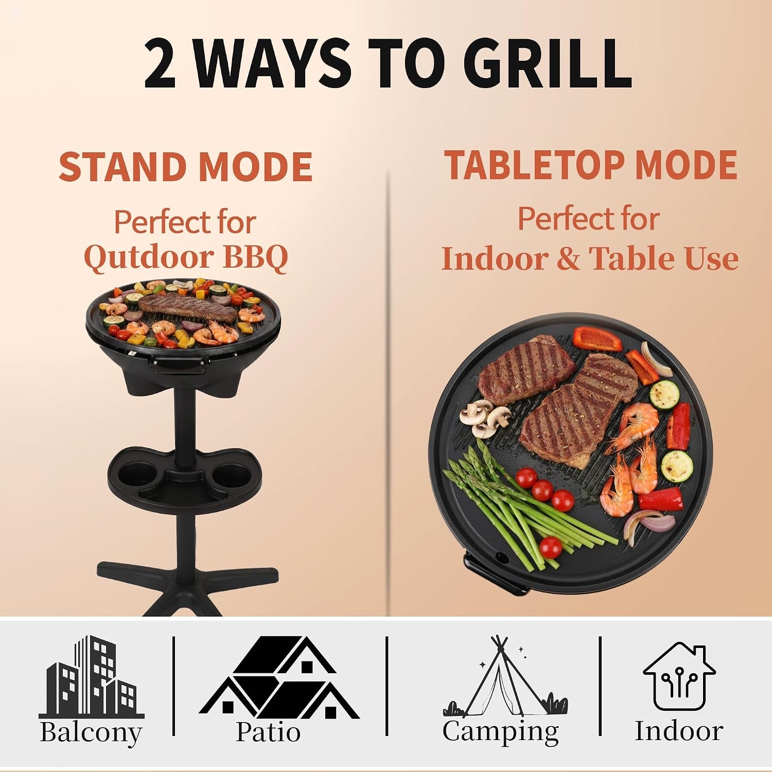 2-In-1 Outdoor Electric Grill & Portable BBQ with Removable Stand - Features Non-Stick Baking Pan & Intelligent Temperature Control for Balcony, Backyard, Camping, and Party Use, Gray