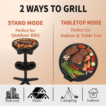 2-In-1 Outdoor Electric Grill & Portable BBQ with Removable Stand - Features Non-Stick Baking Pan & Intelligent Temperature Control for Balcony, Backyard, Camping, and Party Use, Gray