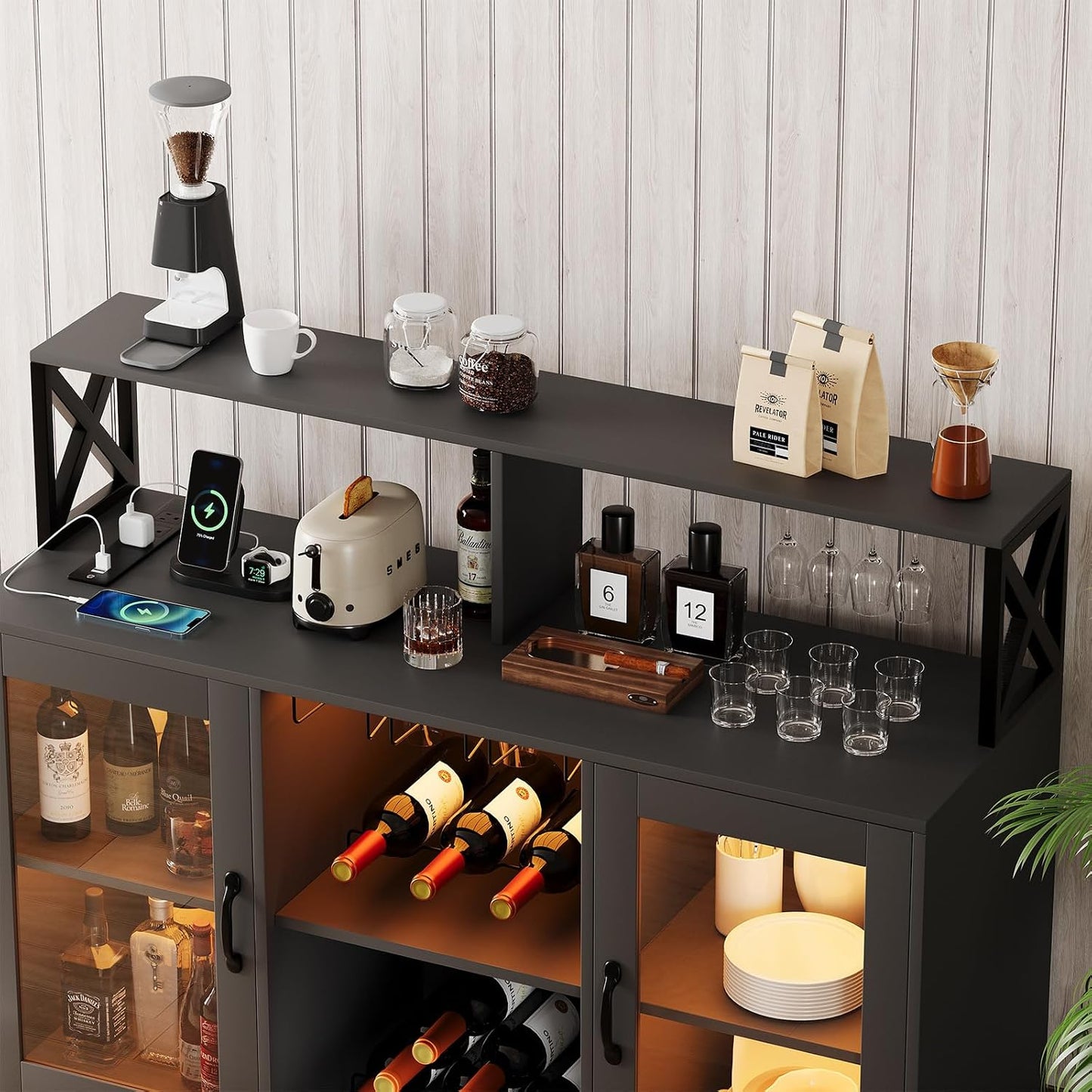Wine Bar Cabinet Freestanding Liquor Cabinet with LED Lights, Coffee Bar Buffet Sideboard Storage with Wine Rack Glass Holder for Living Room, Dining Room