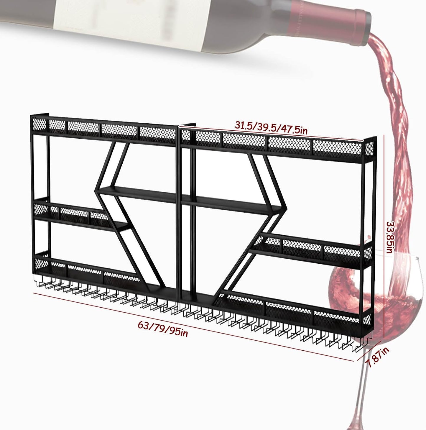 95In Wall Mounted Wine Rack, Large Metal Wine Bottle Holder , 3 Tier Modern Fashion Diamond Shaped Floating Bar Unit Wine Storage Shelves, for Home Restaurant Bars Decor (Black, 3 Tier - 95In)