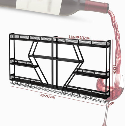 95In Wall Mounted Wine Rack, Large Metal Wine Bottle Holder , 3 Tier Modern Fashion Diamond Shaped Floating Bar Unit Wine Storage Shelves, for Home Restaurant Bars Decor (Black, 3 Tier - 95In)