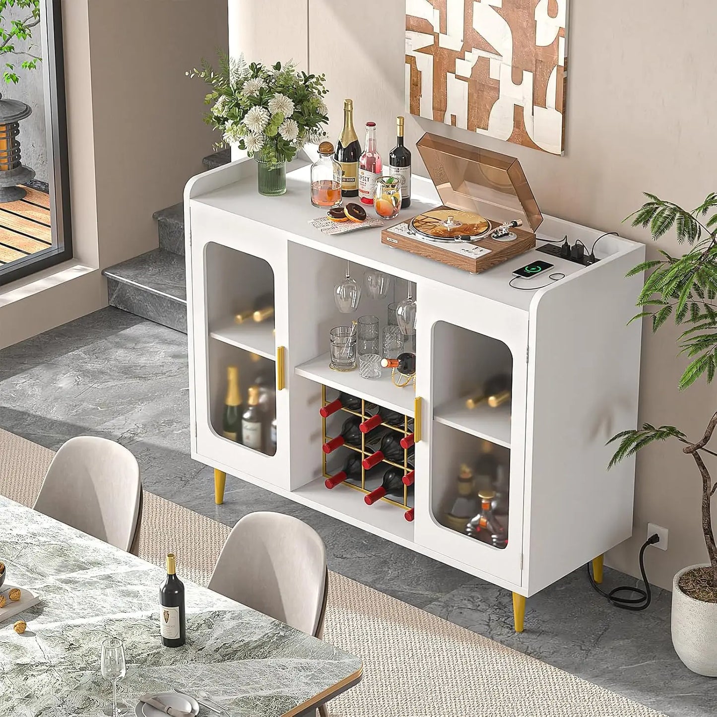 Wine Bar Cabinet with Power Outlet, Liquor Cabinet Bar with LED Light and Glass Holder, Home Coffee Bar Cabinet,, Customized