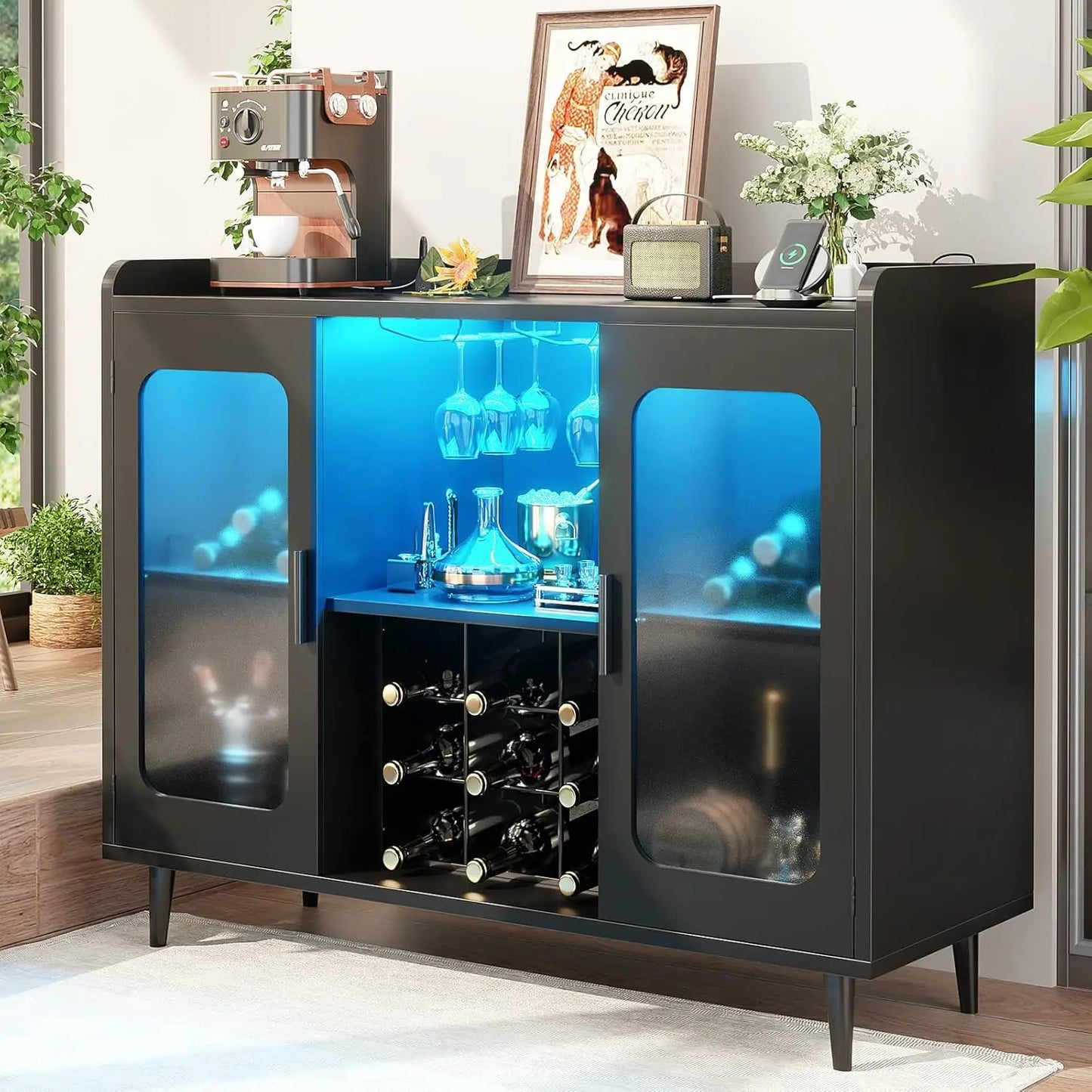 Wine Bar Cabinet with Power Outlet, Liquor Cabinet Bar with LED Light and Glass Holder, Home Coffee Bar Cabinet,, Customized
