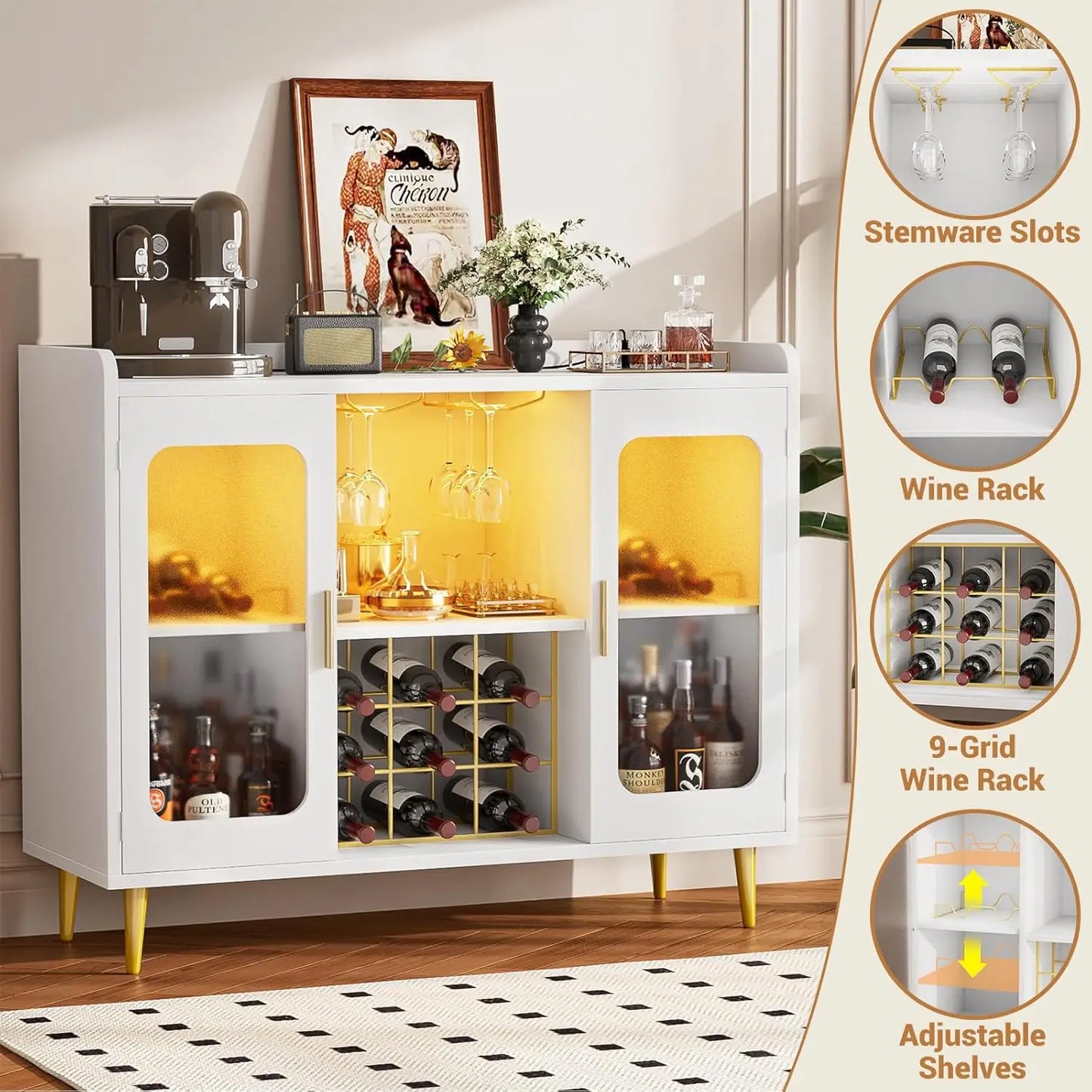 Wine Bar Cabinet with Power Outlet, Liquor Cabinet Bar with LED Light and Glass Holder, Home Coffee Bar Cabinet,, Customized