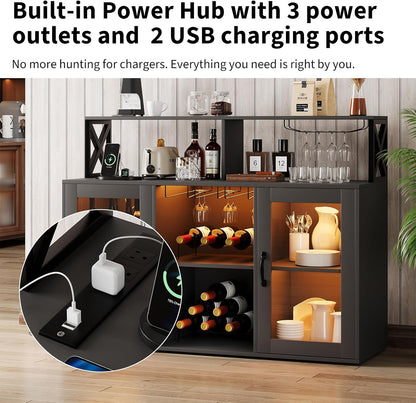 Wine Bar Cabinet Freestanding Liquor Cabinet with LED Lights, Coffee Bar Buffet Sideboard Storage with Wine Rack Glass Holder for Living Room, Dining Room