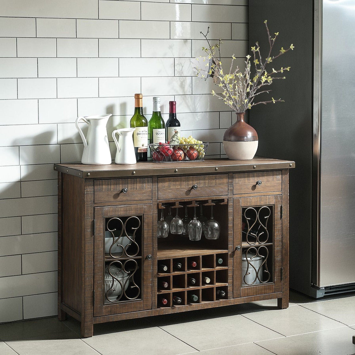 Raphaela - Server With Cup Holder & Wine Rack - Cherry