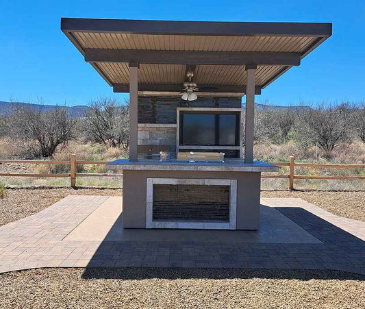 KoKoMo Baja Outdoor Kitchen with 12x12 Patio Cover – Complete Modular BBQ Island with Grill, Fridge & Bar Seating