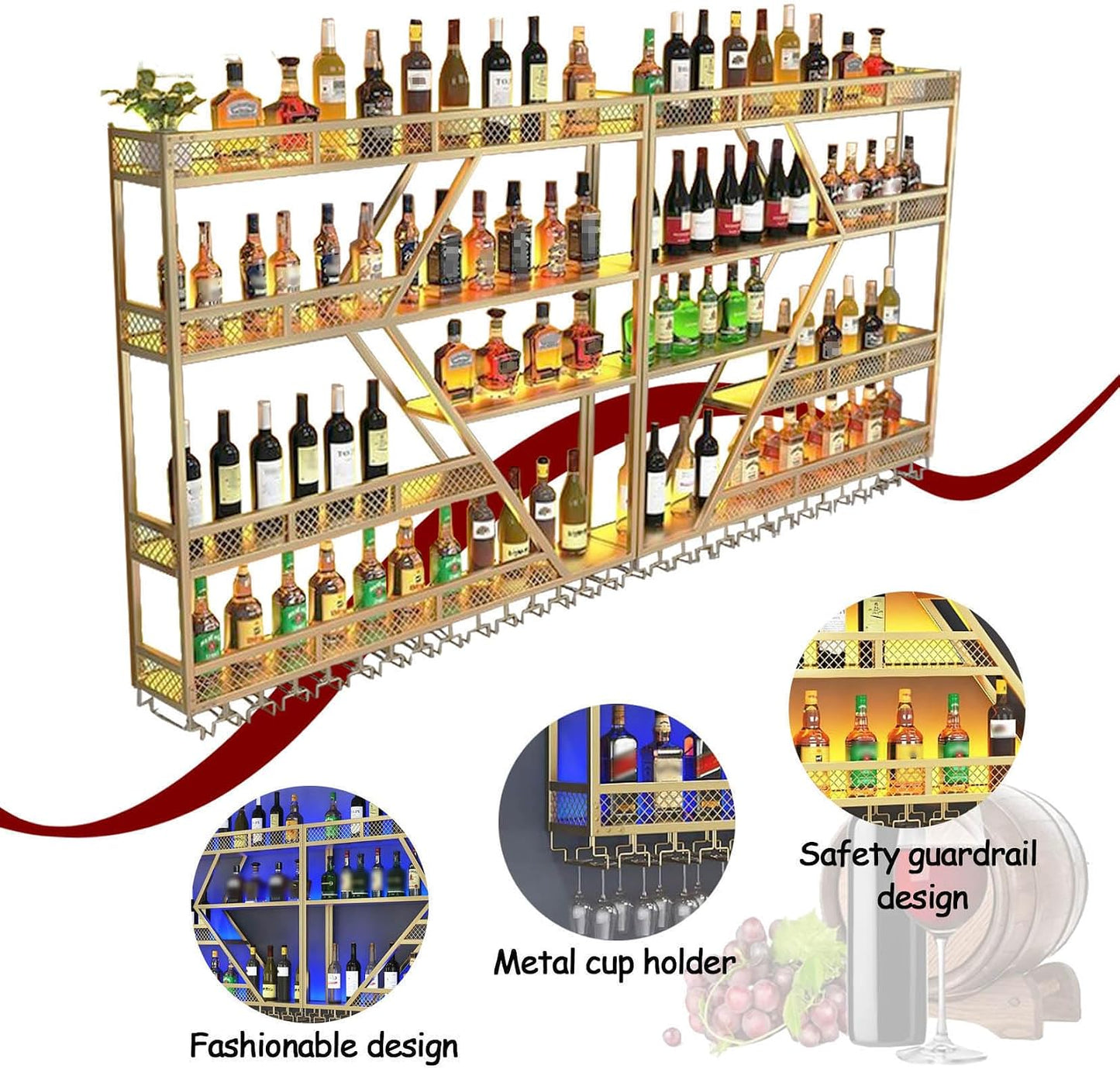 95In Wall Mounted Wine Rack, Large Metal Wine Bottle Holder , 3 Tier Modern Fashion Diamond Shaped Floating Bar Unit Wine Storage Shelves, for Home Restaurant Bars Decor (Black, 3 Tier - 95In)