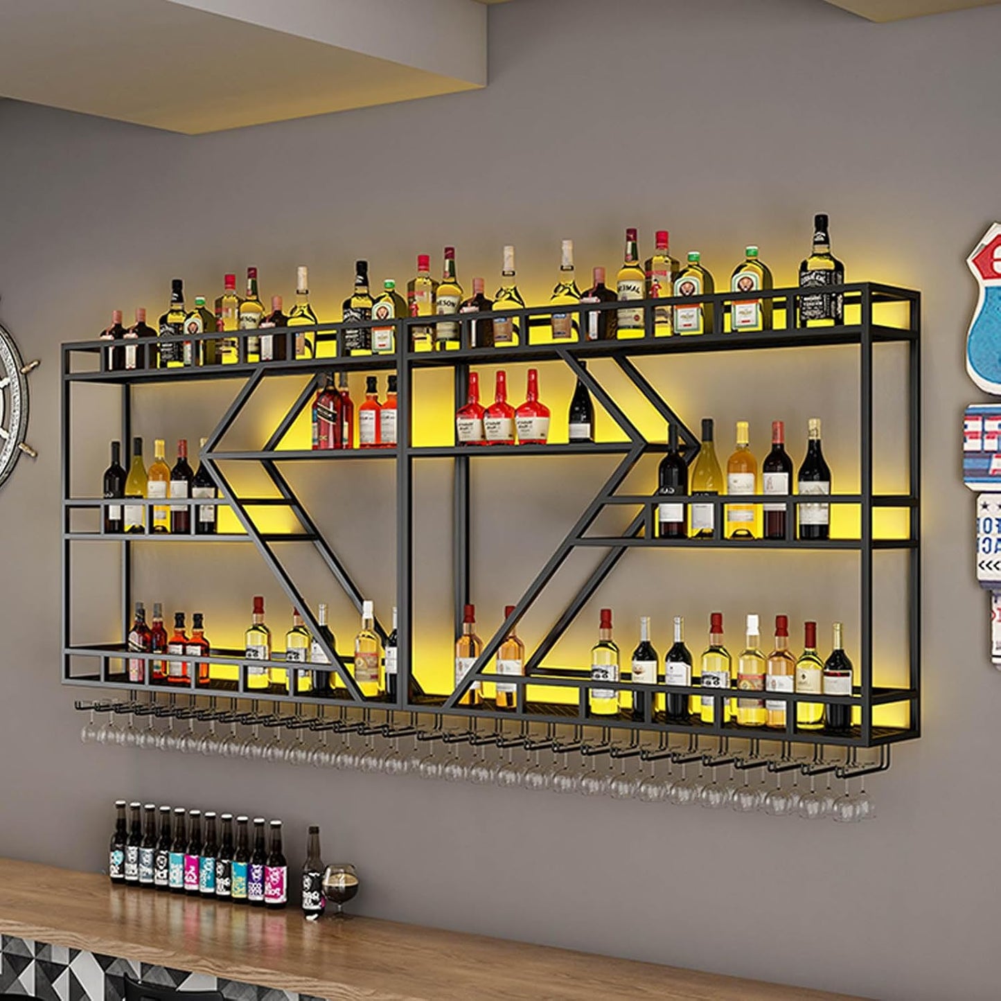 95In Wall Mounted Wine Rack, Large Metal Wine Bottle Holder , 3 Tier Modern Fashion Diamond Shaped Floating Bar Unit Wine Storage Shelves, for Home Restaurant Bars Decor (Black, 3 Tier - 95In)