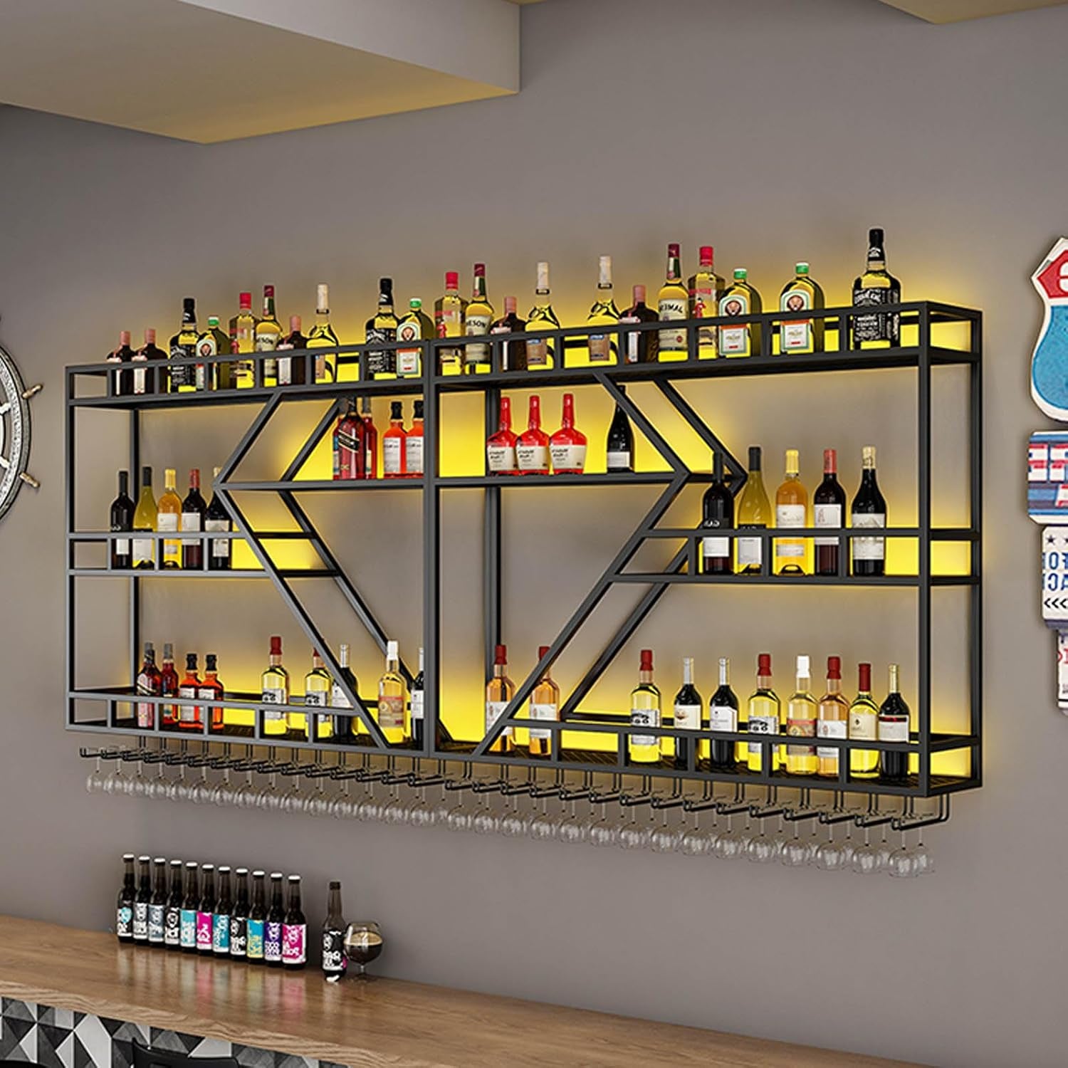 95In Wall Mounted Wine Rack, Large Metal Wine Bottle Holder , 3 Tier Modern Fashion Diamond Shaped Floating Bar Unit Wine Storage Shelves, for Home Restaurant Bars Decor (Black, 3 Tier - 95In)