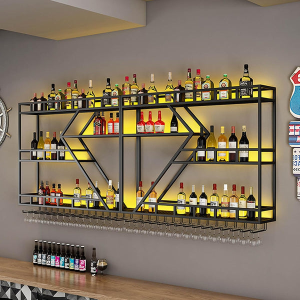 95In Wall Mounted Wine Rack, Large Metal Wine Bottle Holder , 3 Tier Modern Fashion Diamond Shaped Floating Bar Unit Wine Storage Shelves, for Home Restaurant Bars Decor (Black, 3 Tier - 95In)