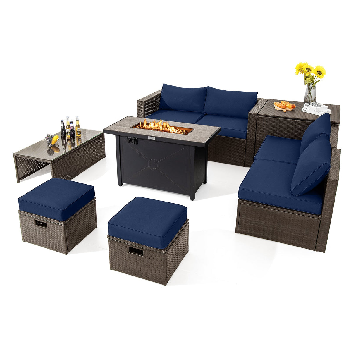9 Pieces Outdoor Patio Furniture Set with 42 Inch Propane Fire Pit Table