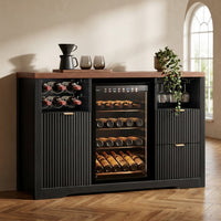 Coffee Bar Cabinet with Fridge Space, 53" L Wine Cabinets with Storage Drawer, Wood Buffet Sideboard Table, Fluted Liquor Cabinet with Wine Rack for Home, Living Room,20"D X 53.1"W X 39.4"H-Black — Studio Shot