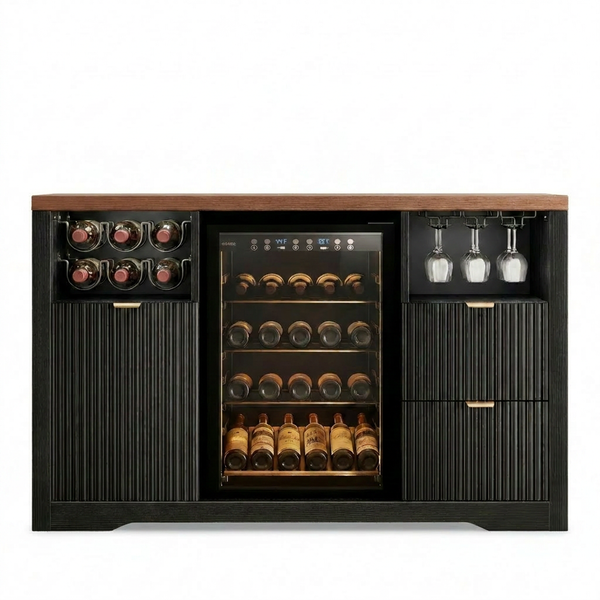 Coffee Bar Cabinet with Fridge Space, 53" L Wine Cabinets with Storage Drawer, Wood Buffet Sideboard Table, Fluted Liquor Cabinet with Wine Rack for Home, Living Room,20"D X 53.1"W X 39.4"H-Black — Studio Shot