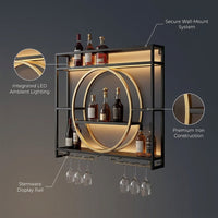 Modern Wine Storage Rack Wall Mounted with LED Light with Wine Glass Holder,Iron Bar Liquor Shelf,Floating Wall Wine Shelves,Bar Liquor Bottle Display Shelf for Kitchen Bar Decoration Gold/Black ( Col — infographic