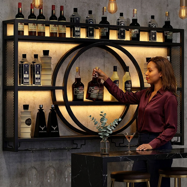Wall Mounted Wine Rack Built to Showcase Collections, LED Lighting, Iron Construction, Glass Holder Included