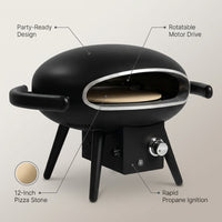 Propane Pizza Oven Designed for Backyard Entertaining, 12-Inch Stone, Rotatable Motor, Gas Fired — infographic