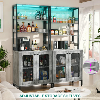 67" Tall Bar Cabinet with LED Lights And Glass Holder - Wine Liquor Cabinet with Power Outlets for Living Room Coffee Bar Station Microwave Stand Bakers Rack, White Oak