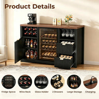 Coffee Bar Cabinet with Fridge Space, 53" L Wine Cabinets with Storage Drawer, Wood Buffet Sideboard Table, Fluted Liquor Cabinet with Wine Rack for Home, Living Room,20"D X 53.1"W X 39.4"H-Black