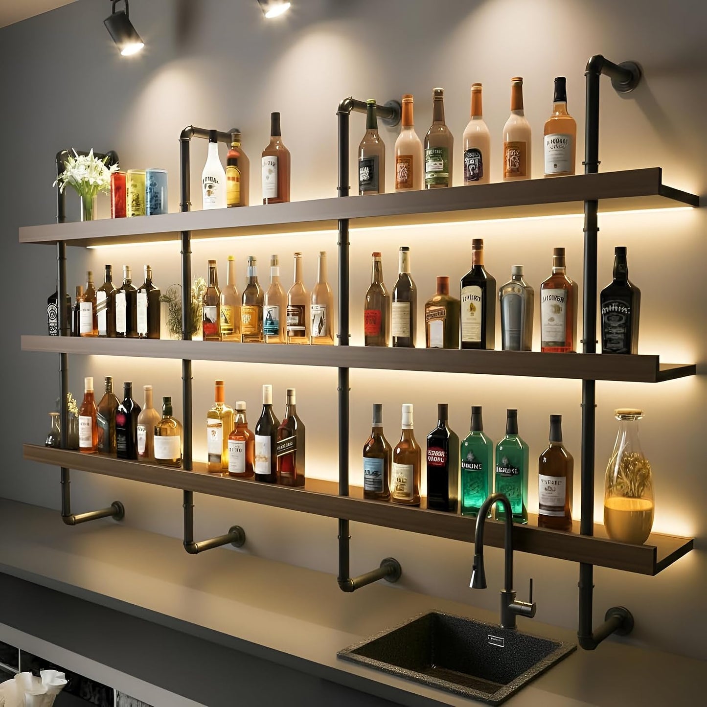 39.5-Inch Modern Wall-Mounted Wine Rack with LED Lights, 3-Tier Liquor Bottle Bar Display Shelf, Industrial Wine Rack Floating Bar Shelf, Multifunctional Wine Storage Rack for Home Bar, Kitchen, Cafe