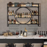 Modern Wine Storage Rack Wall Mounted with LED Light with Wine Glass Holder,Iron Bar Liquor Shelf,Floating Wall Wine Shelves,Bar Liquor Bottle Display Shelf for Kitchen Bar Decoration Gold/Black ( Col