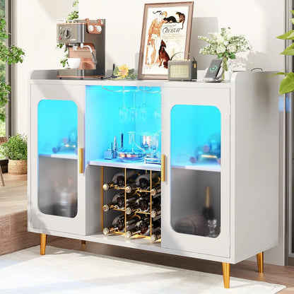 Wine Bar Cabinet with Power Outlet, Liquor Cabinet Bar with LED Light and Glass Holder, Home Coffee Bar Cabinet,, Customized