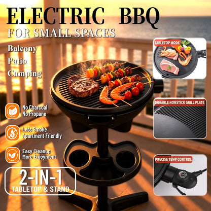 2-In-1 Outdoor Electric Grill & Portable BBQ with Removable Stand - Features Non-Stick Baking Pan & Intelligent Temperature Control for Balcony, Backyard, Camping, and Party Use, Gray