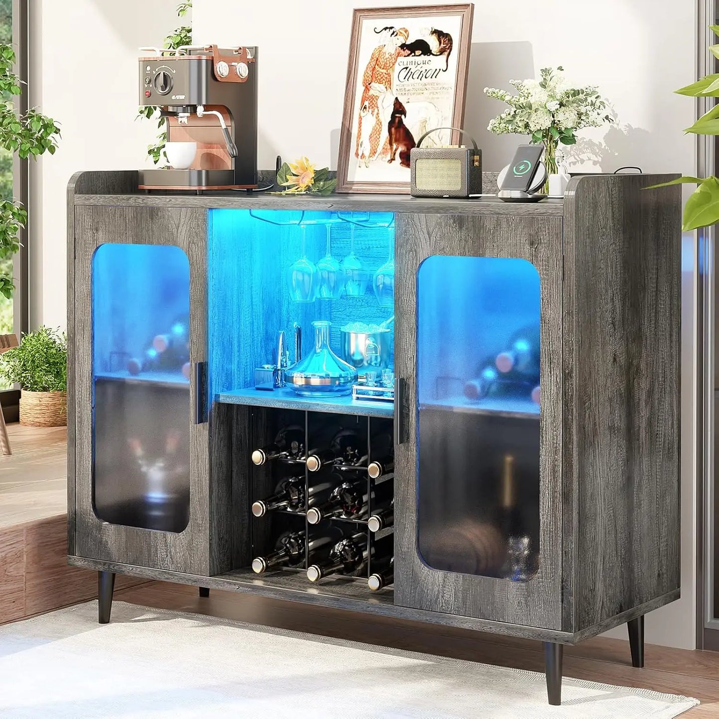 Wine Bar Cabinet with Power Outlet, Liquor Cabinet Bar with LED Light and Glass Holder, Home Coffee Bar Cabinet,, Customized