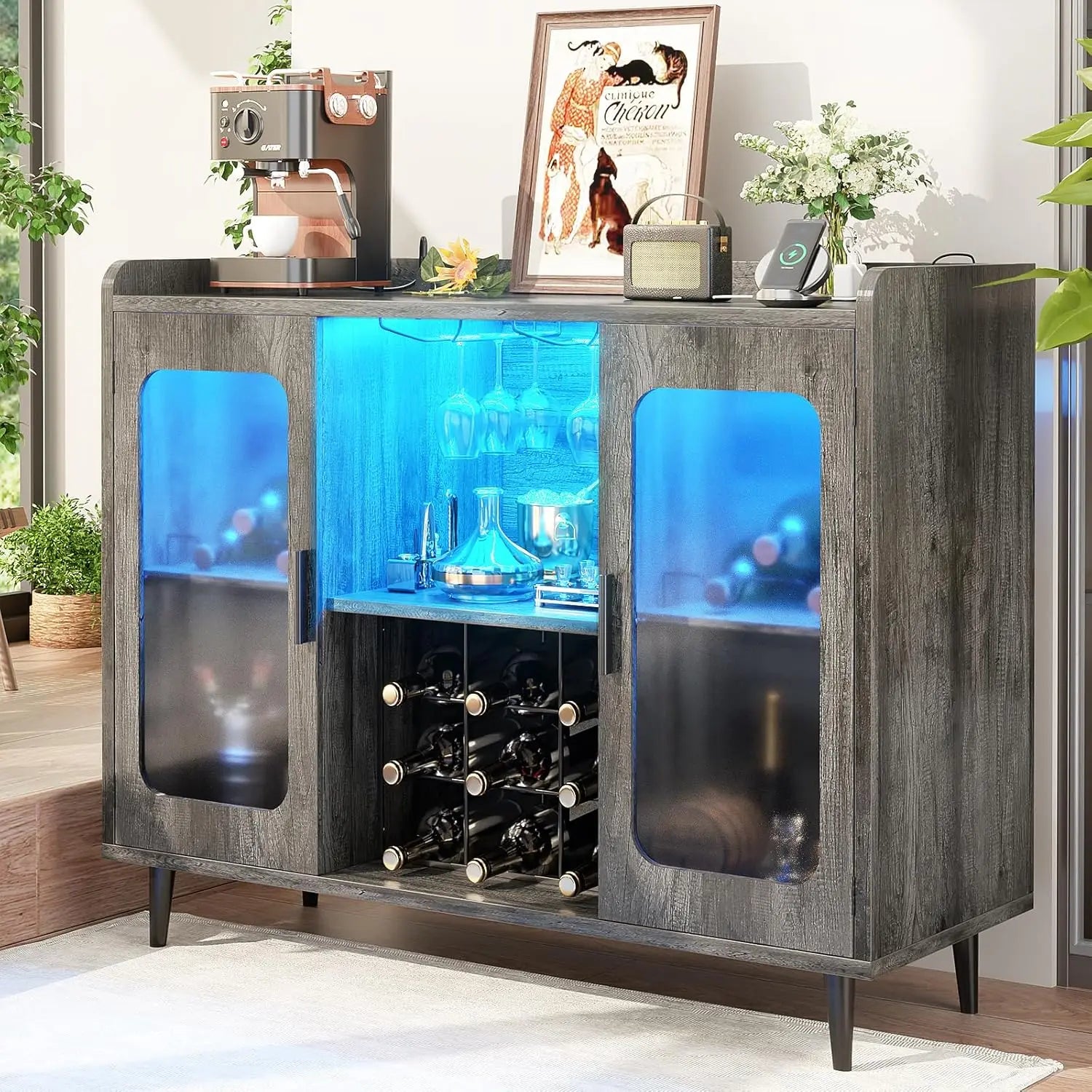 Wine Bar Cabinet with Power Outlet, Liquor Cabinet Bar with LED Light and Glass Holder, Home Coffee Bar Cabinet,, Customized
