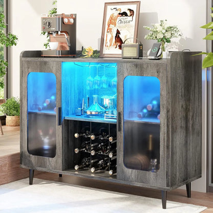Wine Bar Cabinet with Power Outlet, Liquor Cabinet Bar with LED Light and Glass Holder, Home Coffee Bar Cabinet,, Customized