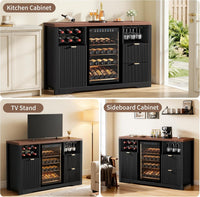 Coffee Bar Cabinet with Fridge Space, 53" L Wine Cabinets with Storage Drawer, Wood Buffet Sideboard Table, Fluted Liquor Cabinet with Wine Rack for Home, Living Room,20"D X 53.1"W X 39.4"H-Black