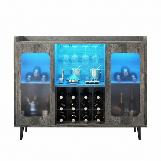 Wine Bar Cabinet with Power Outlet, Liquor Cabinet Bar with LED Light and Glass Holder, Home Coffee Bar Cabinet,, Customized