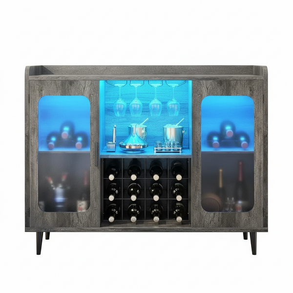 Wine Bar Cabinet with Power Outlet, Liquor Cabinet Bar with LED Light and Glass Holder, Home Coffee Bar Cabinet,, Customized